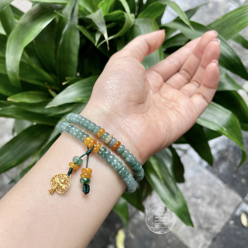 Vòng Phỉ Thúy Băng Dầu mix Lá Bồ Đề Vàng 10k