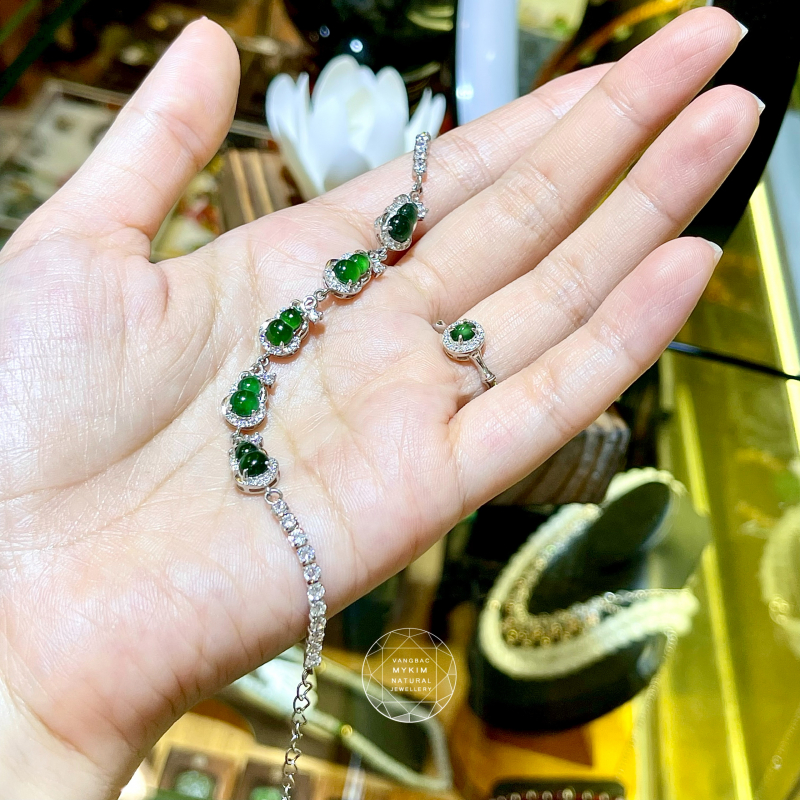 Lắc tay Hồ Lô Ngọc Phỉ Thúy Hoàng Đế - Imperial Jadeite - Bọc bạc si vàng trắng 18k
