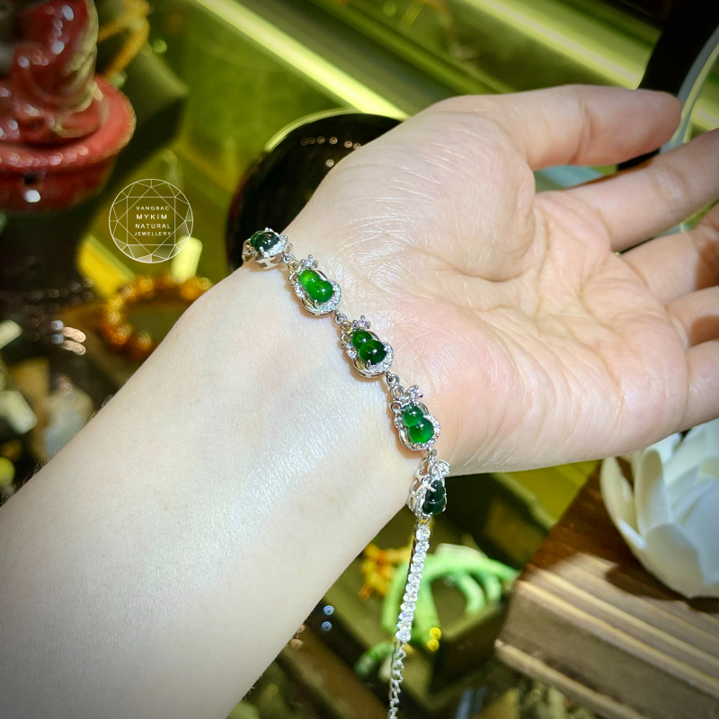 Lắc tay Hồ Lô Ngọc Phỉ Thúy Hoàng Đế - Imperial Jadeite - Bọc bạc si vàng trắng 18k