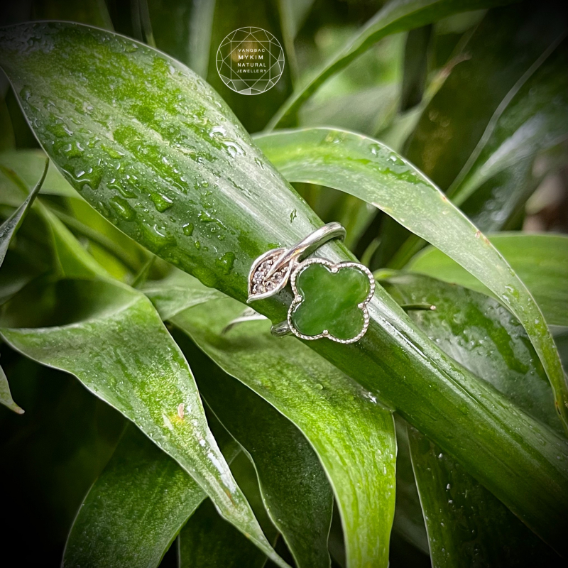 🍀 Nhẫn Cỏ Bốn Lá Ngọc Bích Nephrite • Bọc Vàng Trắng 10k - 14k - 18k • May Mắn, Tài Lộc & Bình An