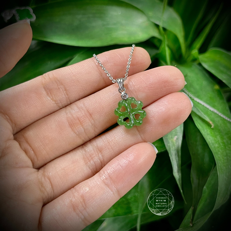 🍀 Mặt Dây Cỏ 4 Lá Ngọc Bích Nephrite • Bọc Vàng Trắng 10k - 14k - 18k • Biểu Tượng May Mắn & Bình An