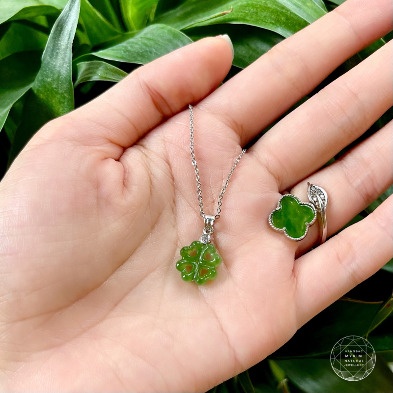 🍀 Mặt Dây Cỏ 4 Lá Ngọc Bích Nephrite • Bọc Vàng Trắng 10k - 14k - 18k • Biểu Tượng May Mắn & Bình An