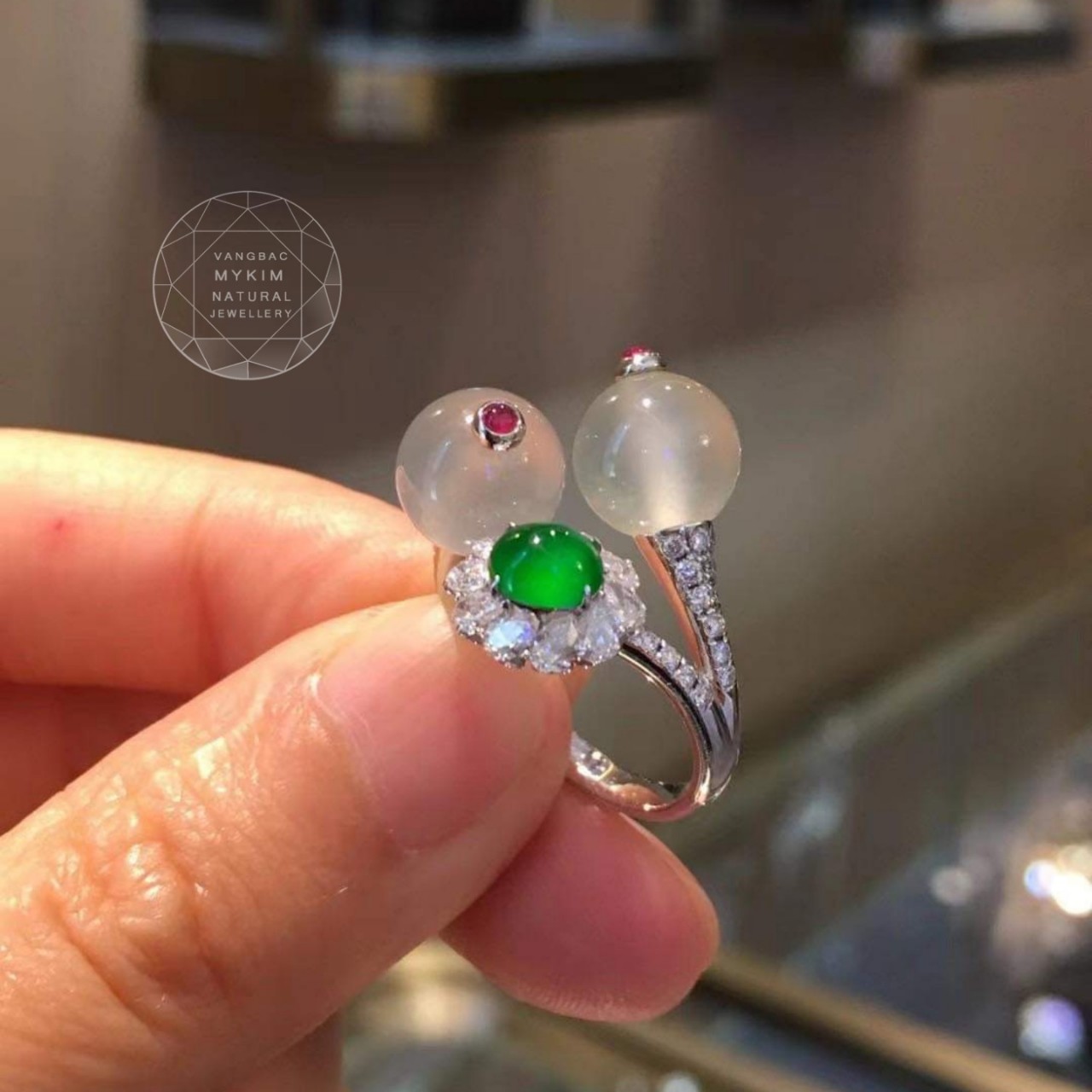 Nhẫn Ngọc Phỉ Thúy - Bọc Vàng trắng 10k - 14k - 18k - MS005