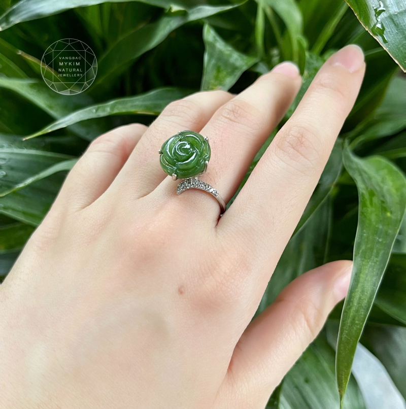 🌹 Nhẫn Hoa Hồng Ngọc Bích Nephrite • Bạc Si Vàng Trắng 18k • Trang Sức Phong Thủy Tình Duyên & Bình An