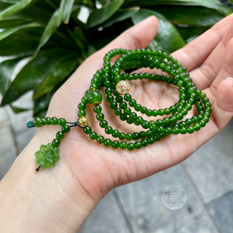 Chuỗi vòng Mã Não Xanh mix Ngọc Bích - charm Vàng 10k