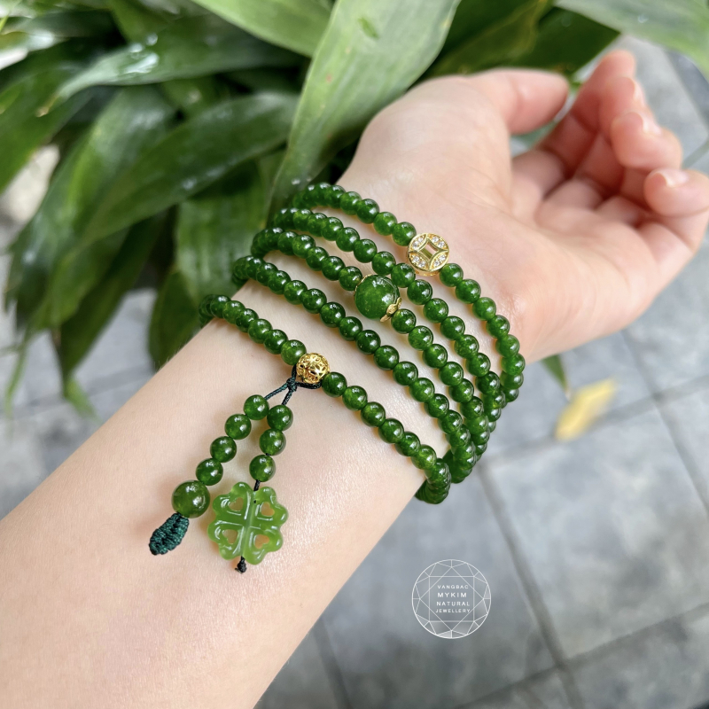 Chuỗi vòng Mã Não Xanh mix Ngọc Bích - charm Vàng 10k