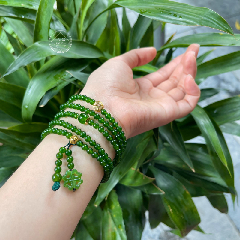 Chuỗi vòng Mã Não Xanh mix Ngọc Bích - charm Vàng 10k