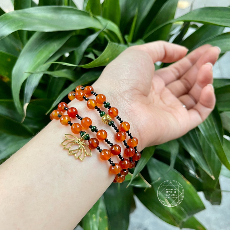 Set Vòng Mã Não mix Ngọc Phỉ Thúy - đá tektit - Charm Vàng tây 10k
