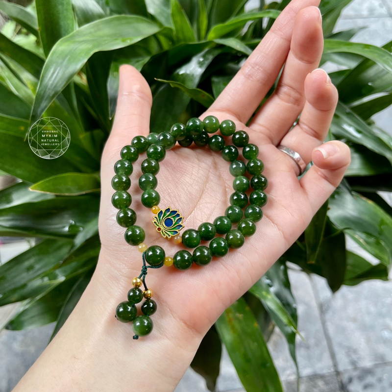 Vòng Ngọc Bích Nephrite mix Hoa Sen Vàng ✨ Trang Sức Phong Thủy Tài Lộc & Bình An