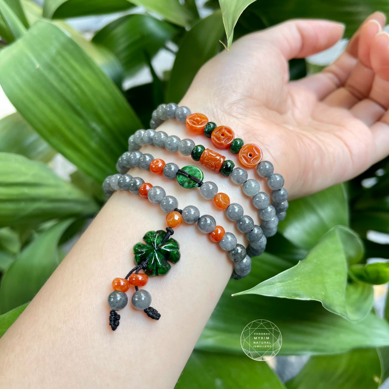 Vòng Ngọc Phỉ Thúy - Jadeite xám khói mix Hoa Bốn Lá