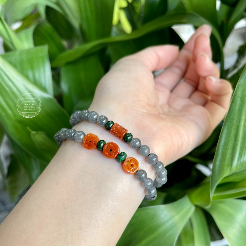 Vòng Ngọc Phỉ Thúy - Jadeite - xám khói mix Kim tiền cam hoàng huyết