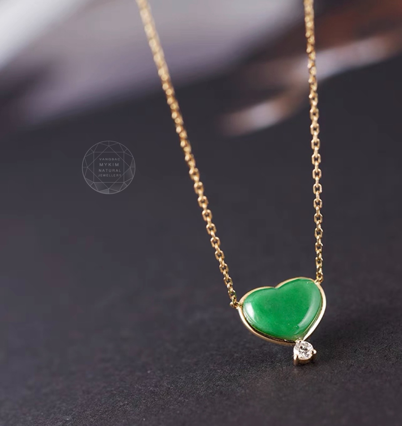 Set dây chuyền liền mặt & Bông tai Ngọc Phỉ Thúy trái tim - Vàng 10k - 14k - 18k