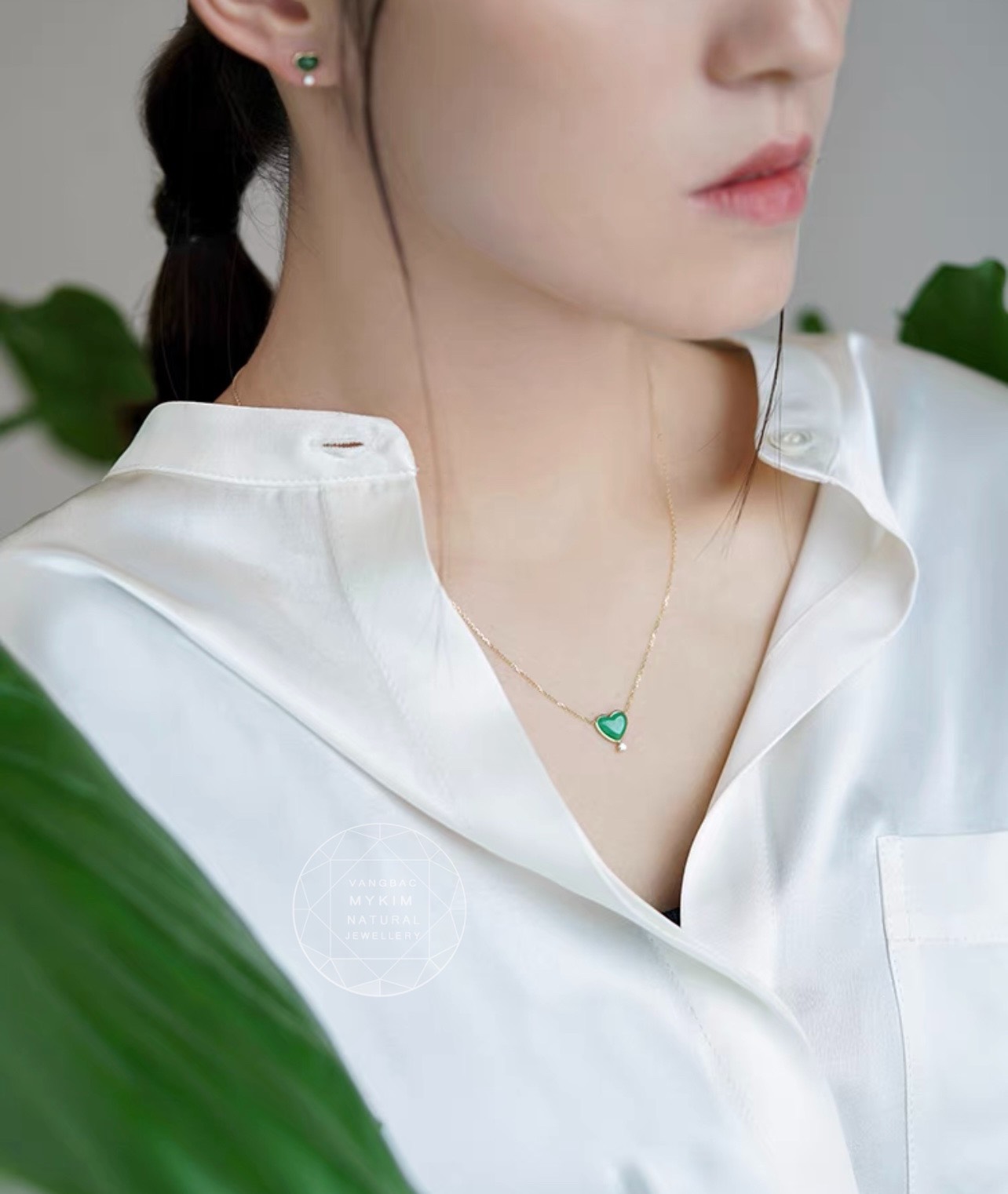 Set dây chuyền liền mặt & Bông tai Ngọc Phỉ Thúy trái tim - Vàng 10k - 14k - 18k