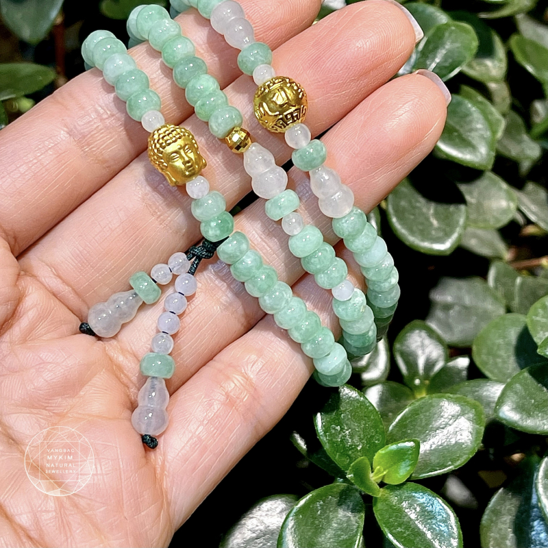 Chuỗi Ngọc Phỉ Thúy (Jadeite) Xanh Bạc Hà - Charm Phật Adida - Ummani Vàng 24k
