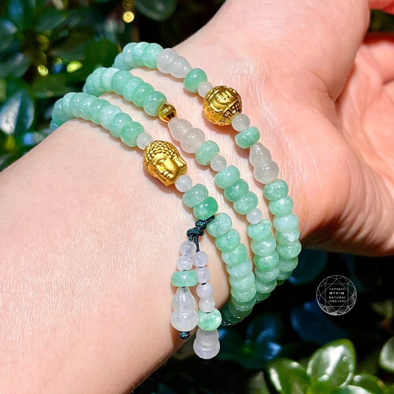 Chuỗi Ngọc Phỉ Thúy (Jadeite) Xanh Bạc Hà - Charm Phật Adida - Ummani Vàng 24k