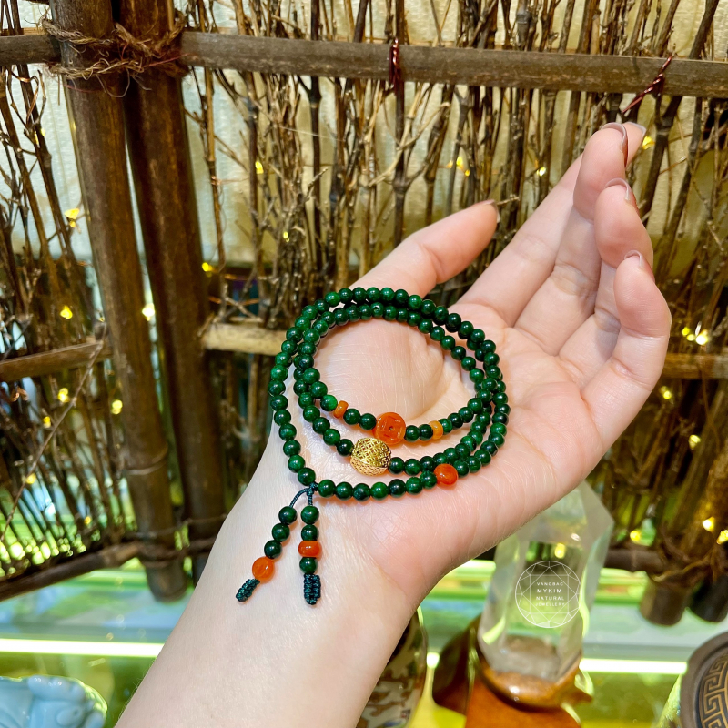 Chuỗi vòng đá Sơn Thủy mix Ngọc Phỉ Thúy cam - PK vàng tây