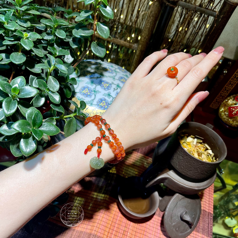 Chuỗi Đá Nam Hồng mix Ngọc Phỉ Thúy - Ngọc Bích Hòa Điền - Khánh Cát Tường Hoa Sen