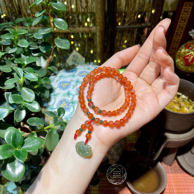 Chuỗi Đá Nam Hồng mix Ngọc Phỉ Thúy - Ngọc Bích Hòa Điền - Khánh Cát Tường Hoa Sen