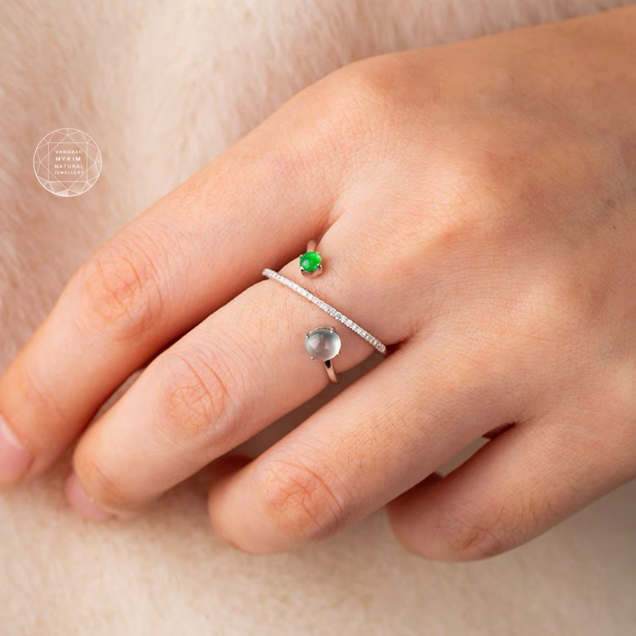 Nhẫn Ngọc Phỉ Thúy đánh kiểu 2 màu - Vàng trắng 14k - 18k