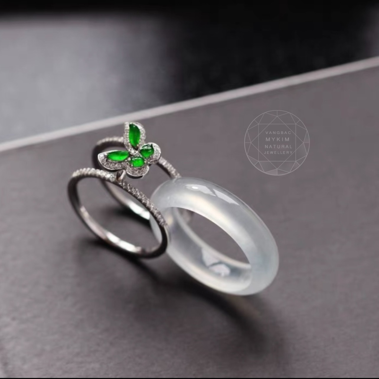 Nhẫn Băng Ngọc Phỉ Thúy - Jadeite - Bọc Vàng trắng 14k - 18k