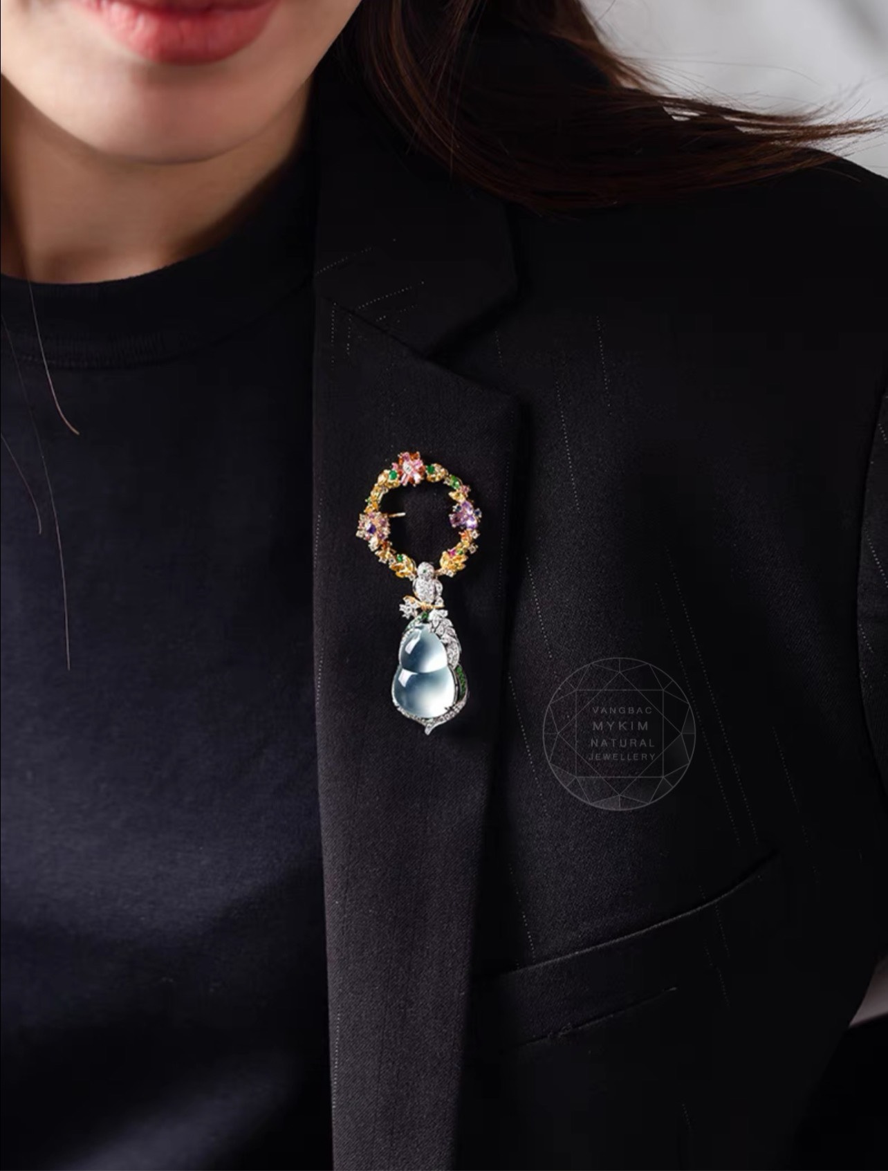 Cài Áo - Hồ Lô Băng Ngọc Phỉ Thúy - Vàng trắng 14k