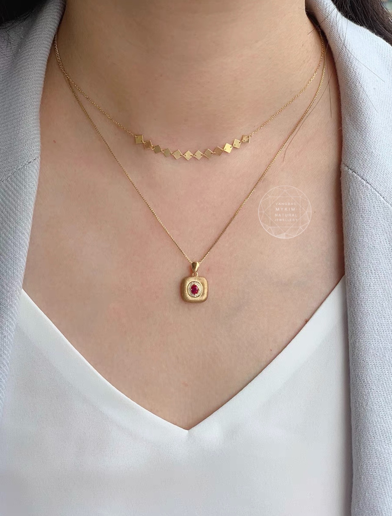 Mặt dây đính Ruby - Kim cương Moissanite - Vàng 14k