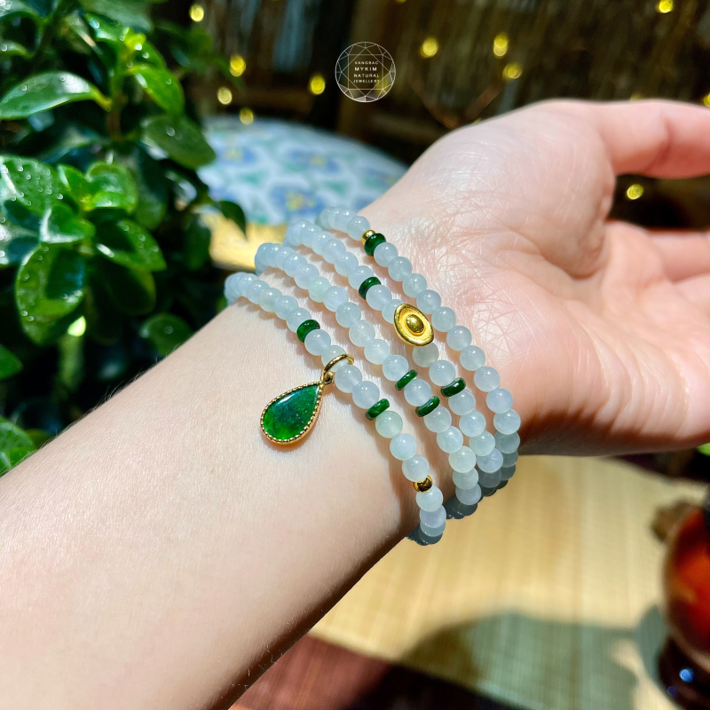 Chuỗi Vòng Ngọc Phỉ Thúy (Jadeite) Màu Băng Trắng Xanh - MIx Vàng 24k