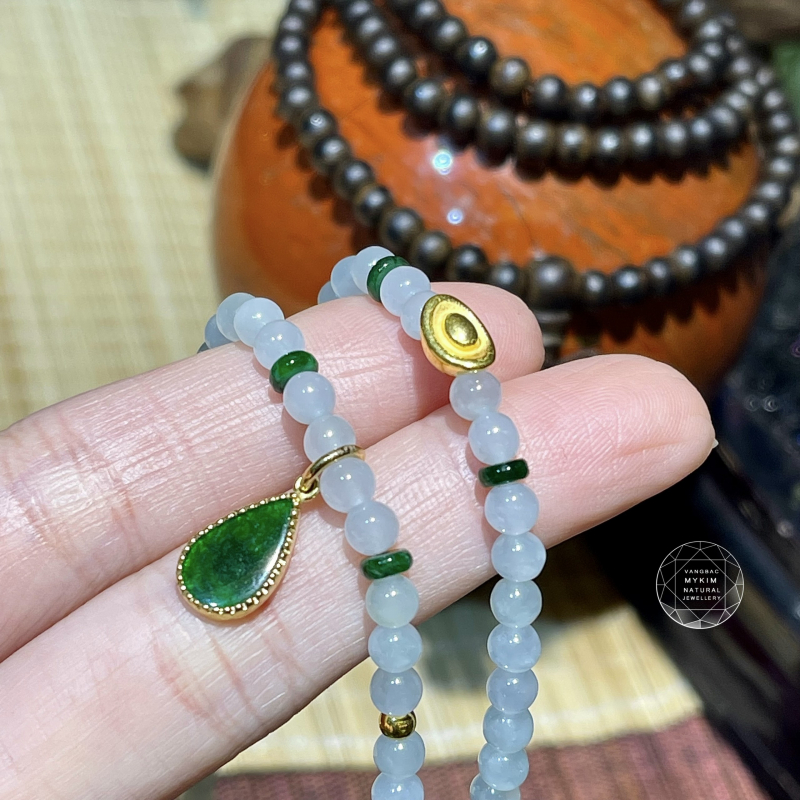 Chuỗi Vòng Ngọc Phỉ Thúy (Jadeite) Màu Băng Trắng Xanh - MIx Vàng 24k