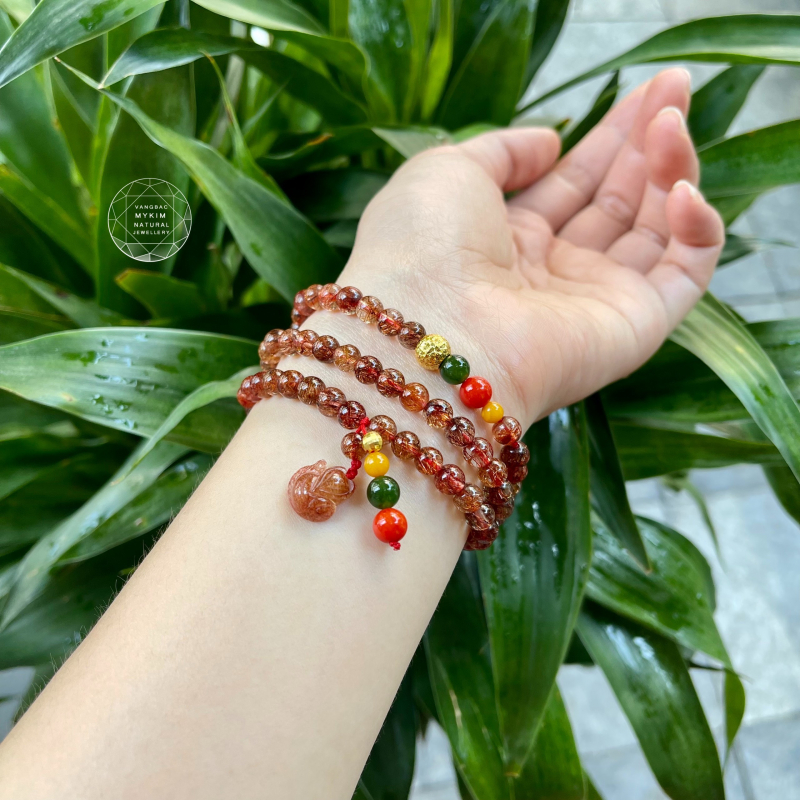 Chuỗi 3 Vòng Thạch Anh Tóc Đỏ - Mix Vàng 24k