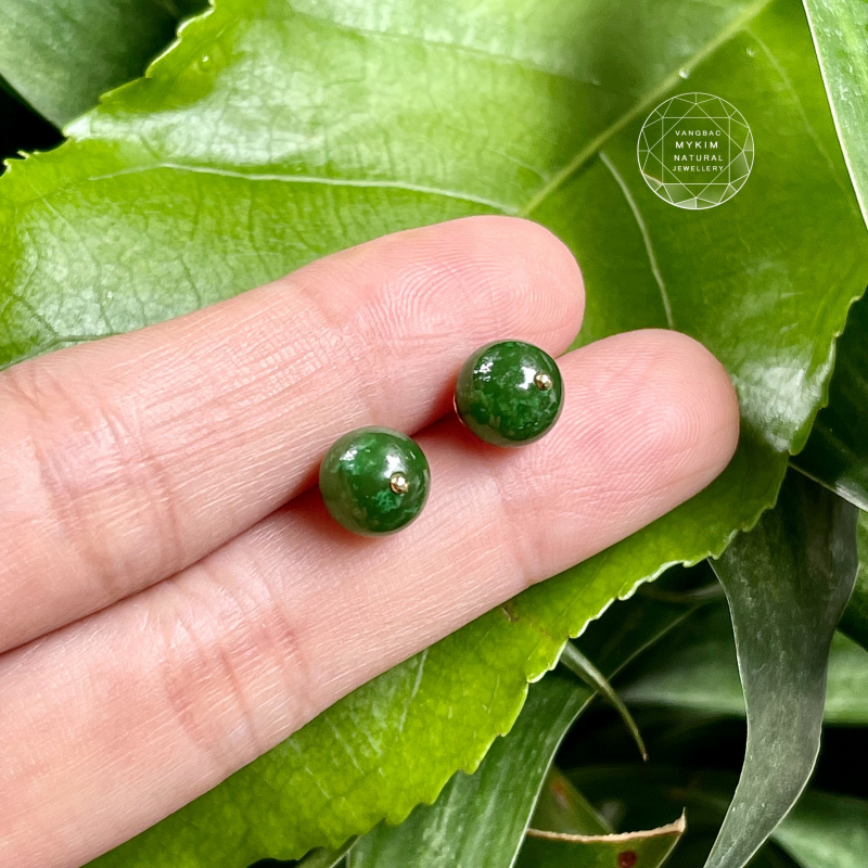 🌿 Bông Tai Nụ 7mm Ngọc Bích Nephrite • Vàng 10k | 14k | 18k • Trang Sức Phong Thủy Tài Lộc & Bình An