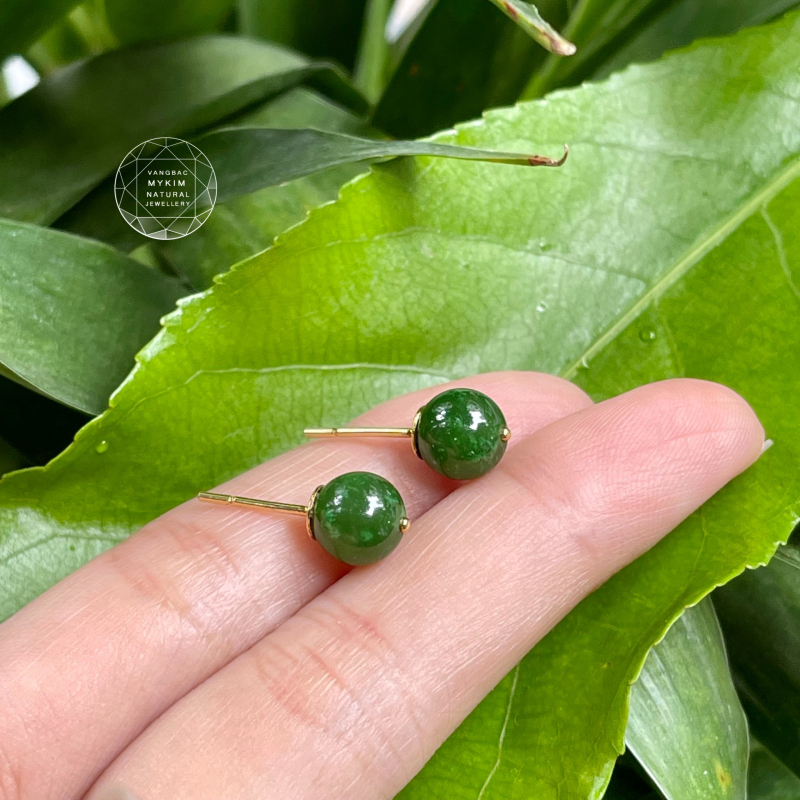 Bông Tai Nụ 7mm - Ngọc Bích Nephrite - Vàng 10k - 14k
