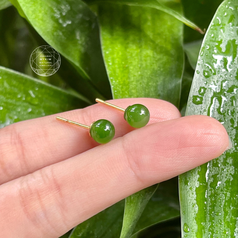 Bông Tai Nụ 6mm - Ngọc Bích Nephrite - Vàng 10k - 14k