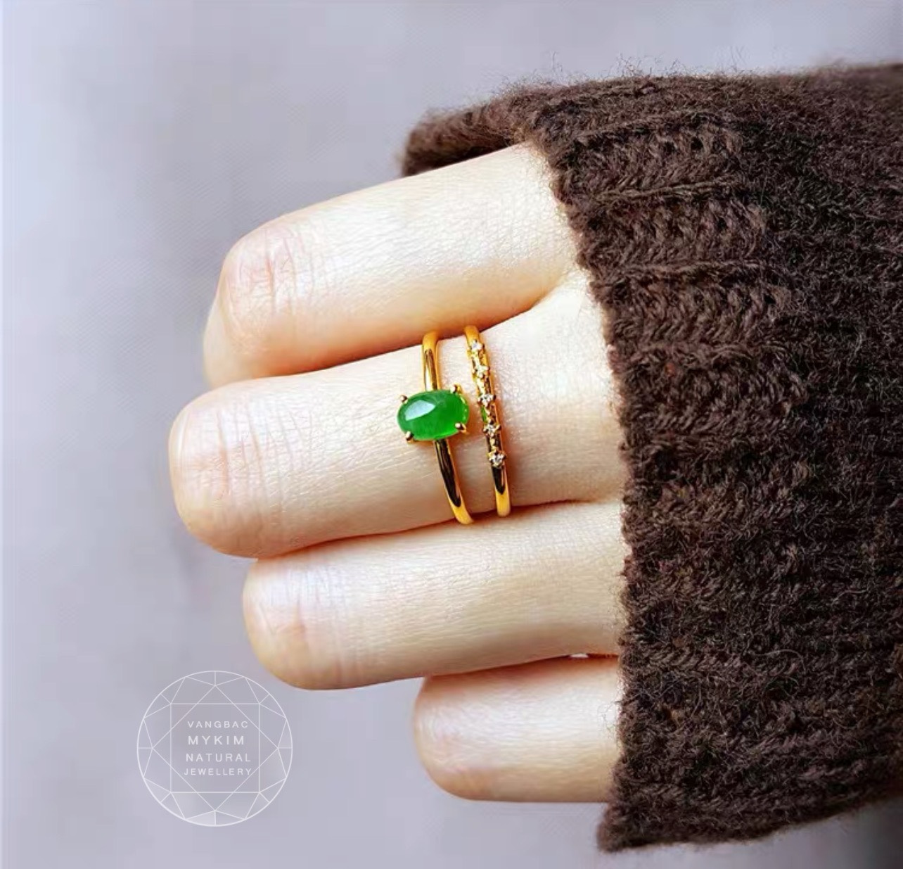 Nhẫn đôi Ngọc Phỉ Thúy Jadeite - đính Kim cương Mois - Vàng 14k