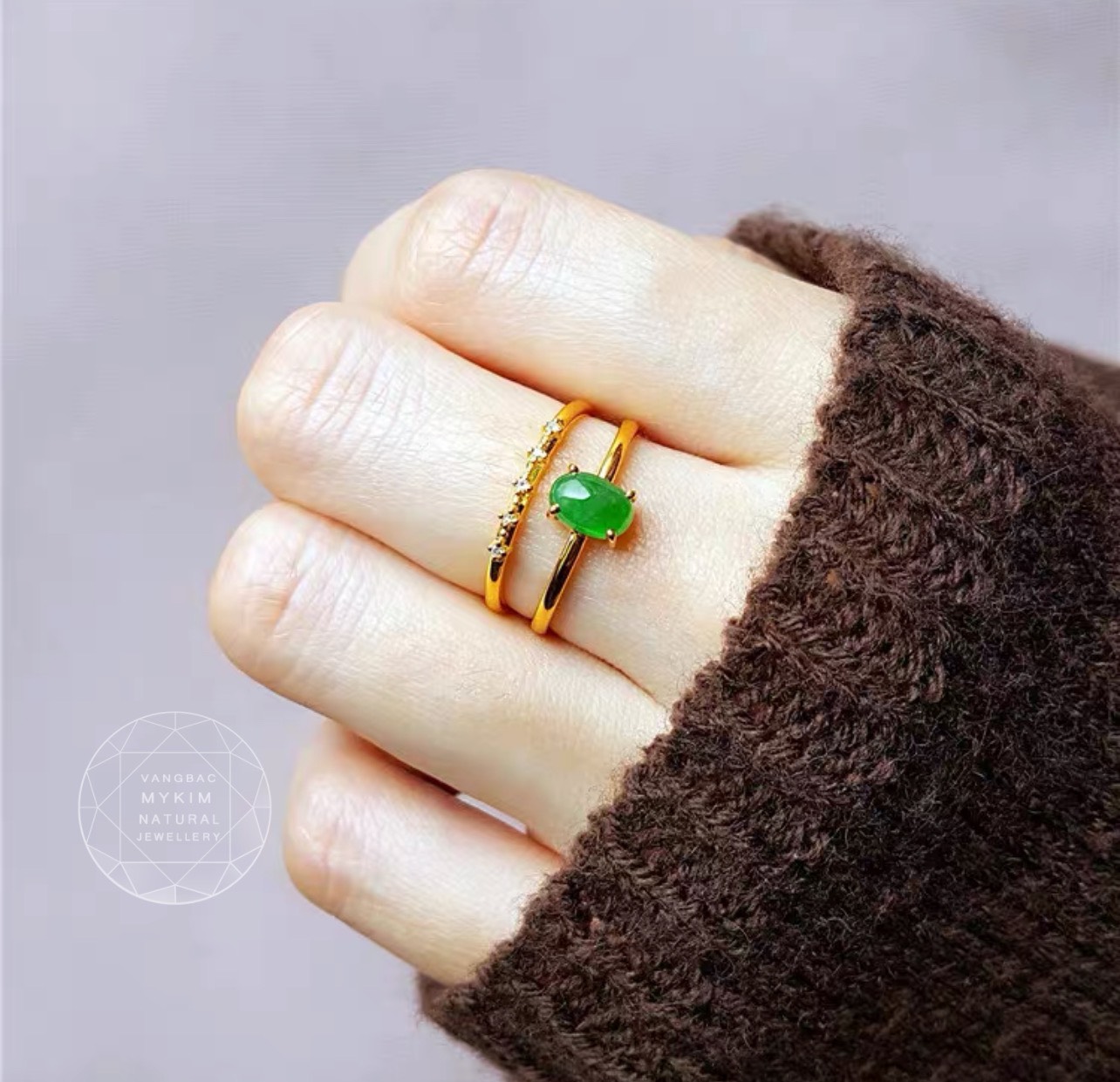 💍 Nhẫn Đôi Ngọc Phỉ Thúy – Jadeite Đính Kim Cương Moissanite – Vàng 14k