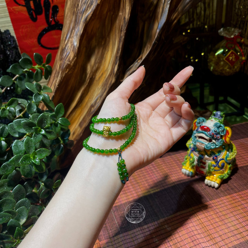 💚 Vòng Tay Đá Diopside VIP Mix Charm Hồ Ly Vàng – 3 Vòng Quấn, Tua Rơi Nhẹ | Duyên Dáng & Thu Hút