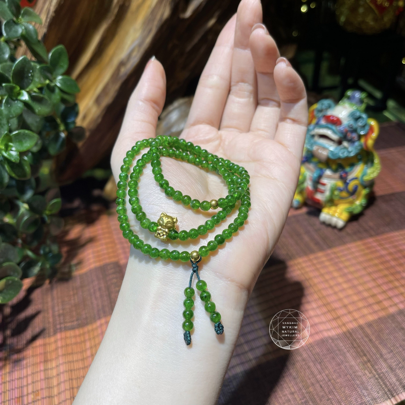 💚 Vòng Tay Đá Diopside VIP Mix Charm Hồ Ly Vàng – 3 Vòng Quấn, Tua Rơi Nhẹ | Duyên Dáng & Thu Hút