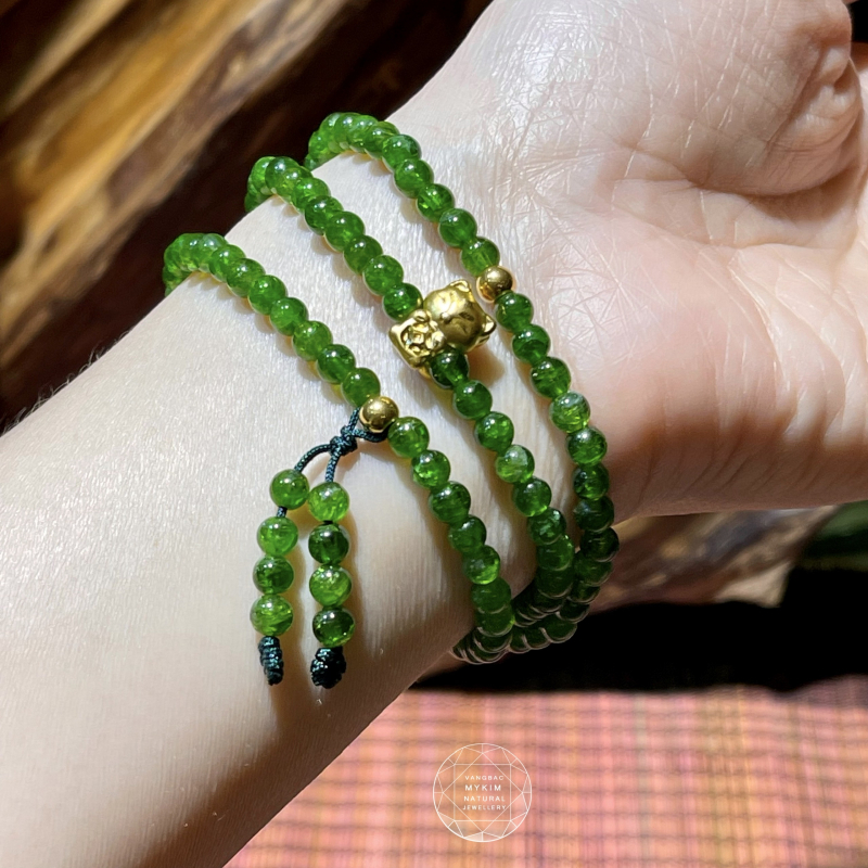 💚 Vòng Tay Đá Diopside VIP Mix Charm Hồ Ly Vàng – 3 Vòng Quấn, Tua Rơi Nhẹ | Duyên Dáng & Thu Hút