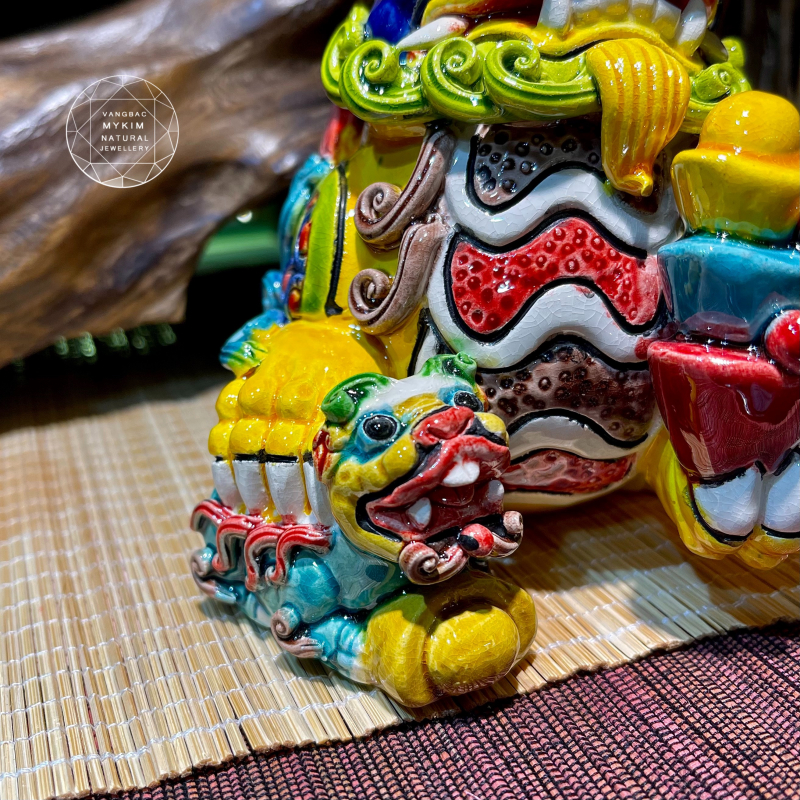 Tỳ Hưu Đĩnh Vàng Ôm Con - Gốm Sứ Men Rạn Đài Loan - Sz ~15 * 12cm