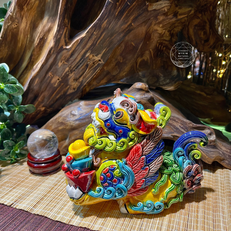 Tỳ Hưu Đĩnh Vàng Ôm Con - Gốm Sứ Men Rạn Đài Loan - Sz ~15 * 12cm