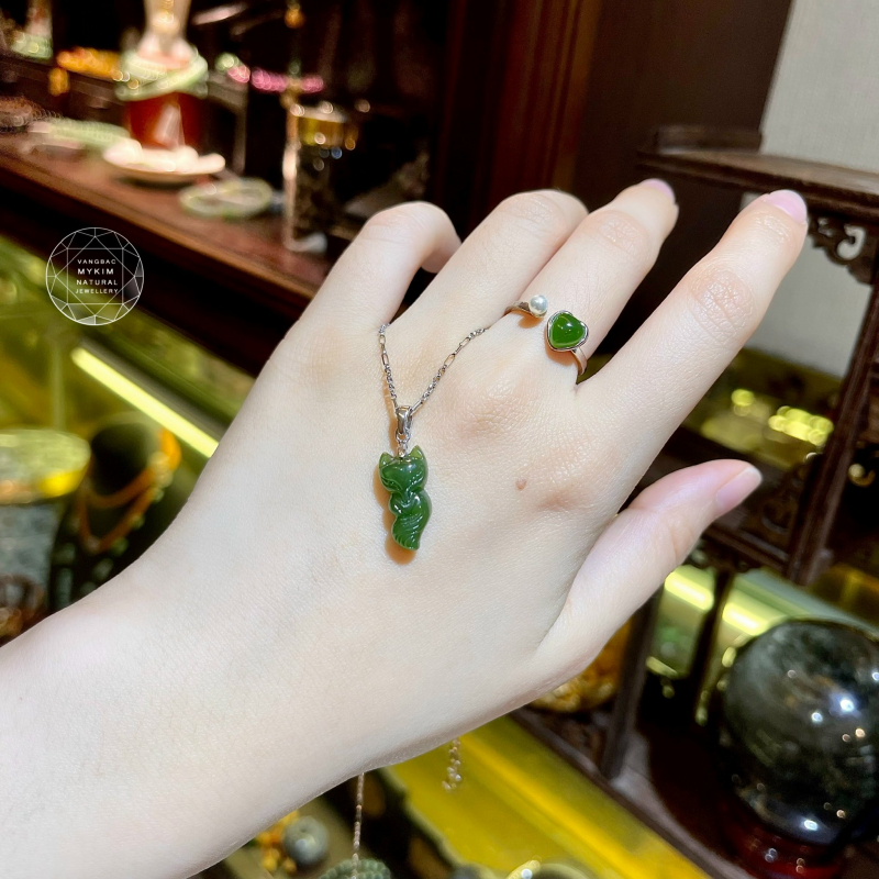Mặt dây Hồ Ly Ngọc Bích - Móc Vàng Trắng 14k