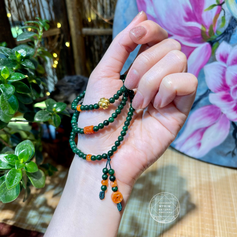 🍀 Vòng Đá Sơn Thủy Mix Ngọc Phỉ Thúy – 3 Vòng Quấn Charm Vàng 10K | Đồng Xu & Lu Thống Jadeite – Cỏ Bốn Lá May Mắn Dịu Dàng