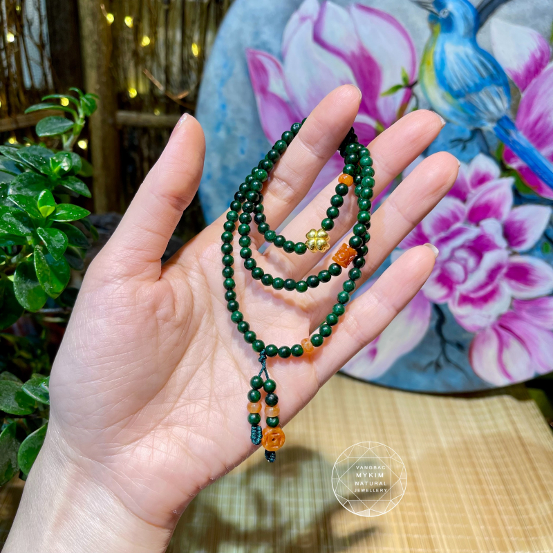 🍀 Vòng Đá Sơn Thủy Mix Ngọc Phỉ Thúy – 3 Vòng Quấn Charm Vàng 10K | Đồng Xu & Lu Thống Jadeite – Cỏ Bốn Lá May Mắn Dịu Dàng