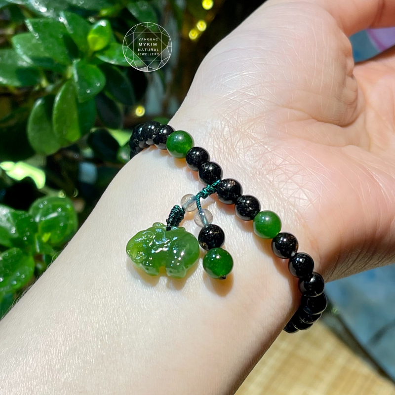 Vòng đá Thạch Anh Tóc Đen mix Ngọc Bích Nephrite Canada - Thạch Anh