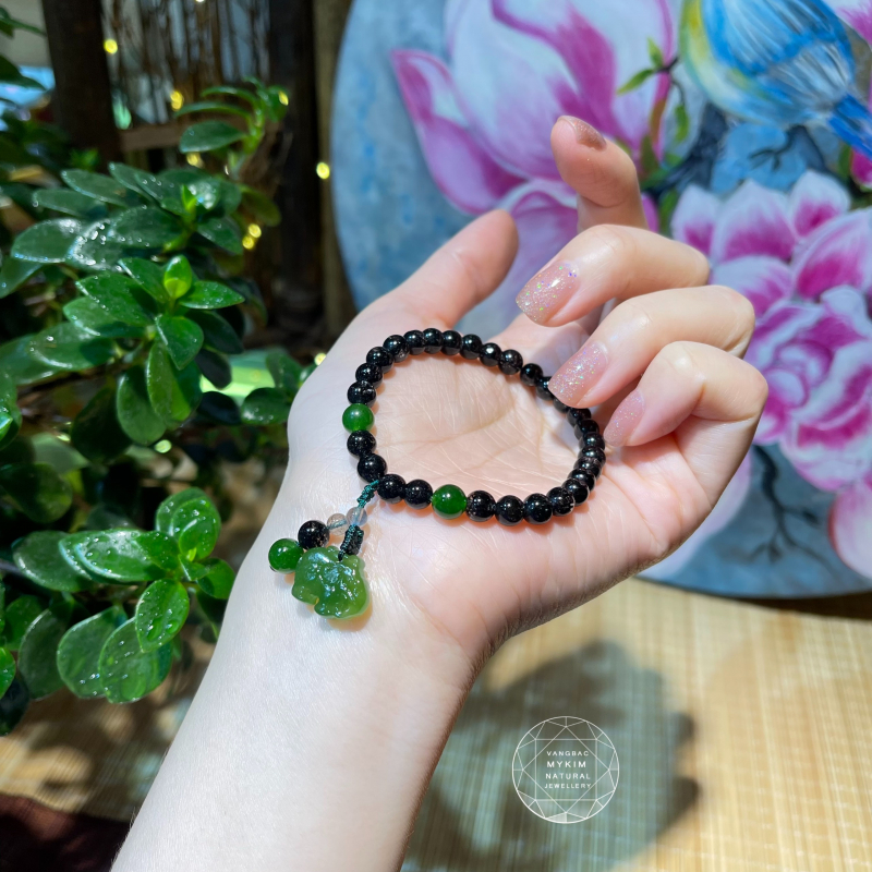 Vòng đá Thạch Anh Tóc Đen mix Ngọc Bích Nephrite Canada - Thạch Anh