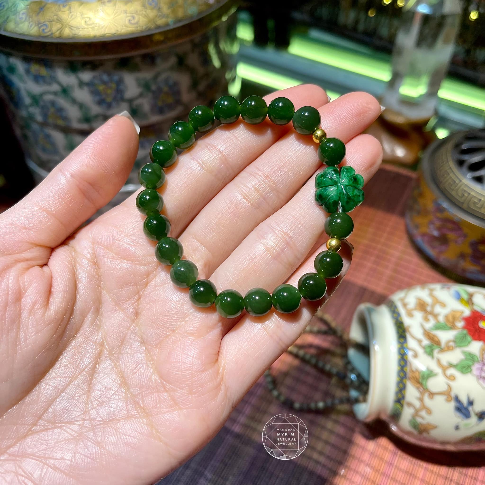 🔶 Vòng Ngọc Bích Nephrite mix Ngọc Phỉ Thúy Hoa Bốn Lá • mix Vàng • Trang Sức Phong Thủy Tài Lộc & Bình An