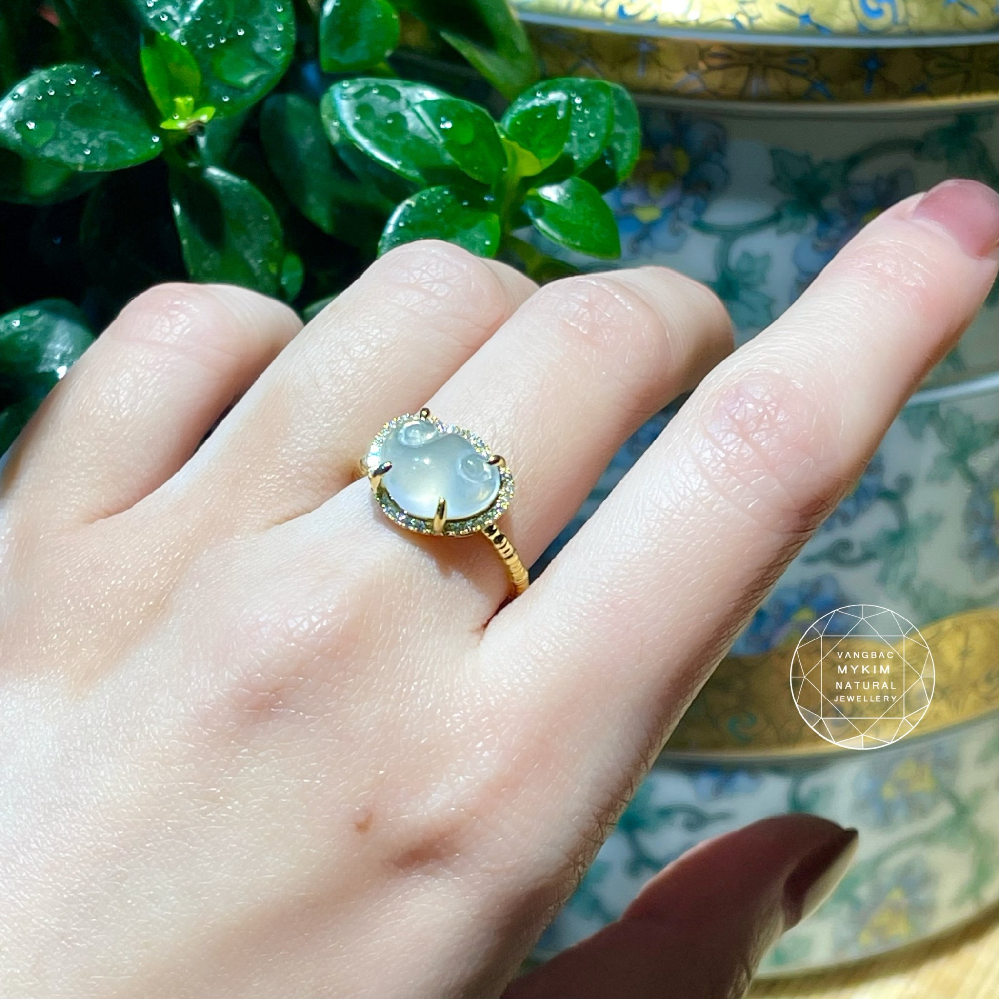 Nhẫn Băng Ngọc Phỉ Thúy Jadeite - Vàng 14k - Khóa Trường Mệnh