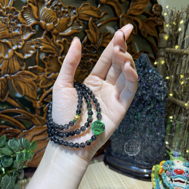 Chuỗi Vòng Thạch Anh Tóc Đen mix Ngọc Phỉ Thúy Jadeite - PK Vàng 24k