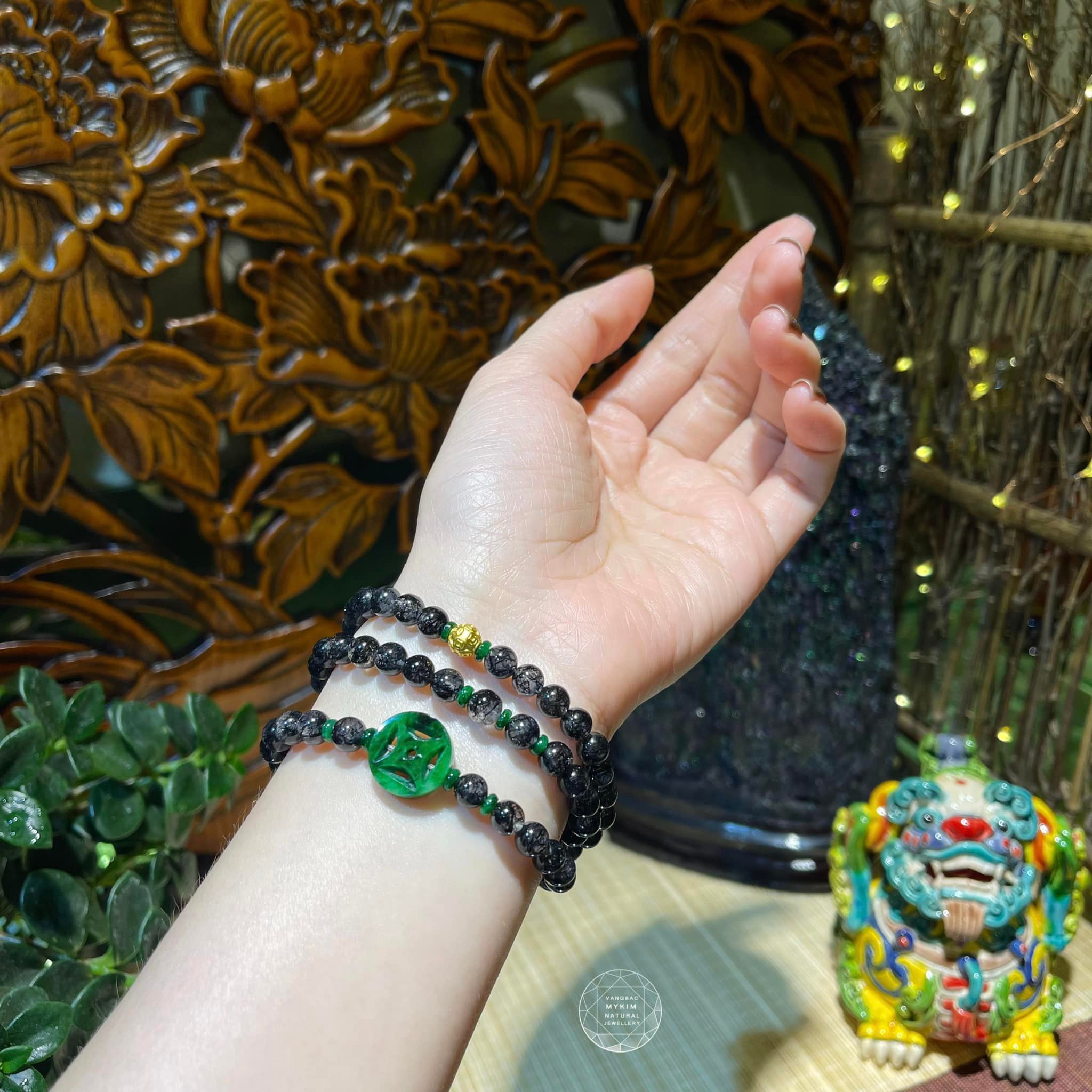 Chuỗi Vòng Thạch Anh Tóc Đen mix Ngọc Phỉ Thúy Jadeite - PK Vàng 24k