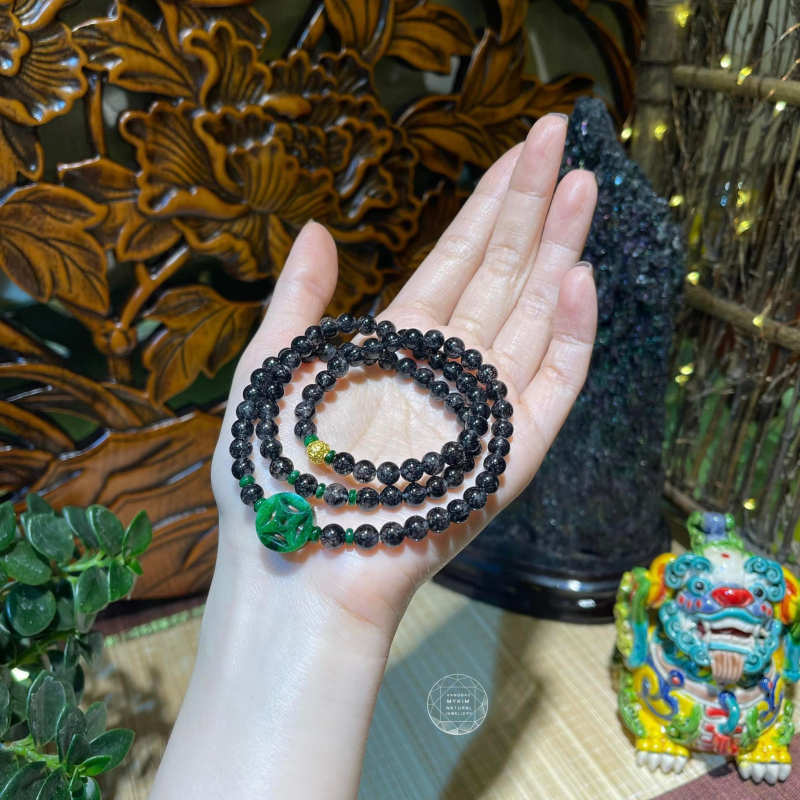 Chuỗi Vòng Thạch Anh Tóc Đen mix Ngọc Phỉ Thúy Jadeite - PK Vàng 24k