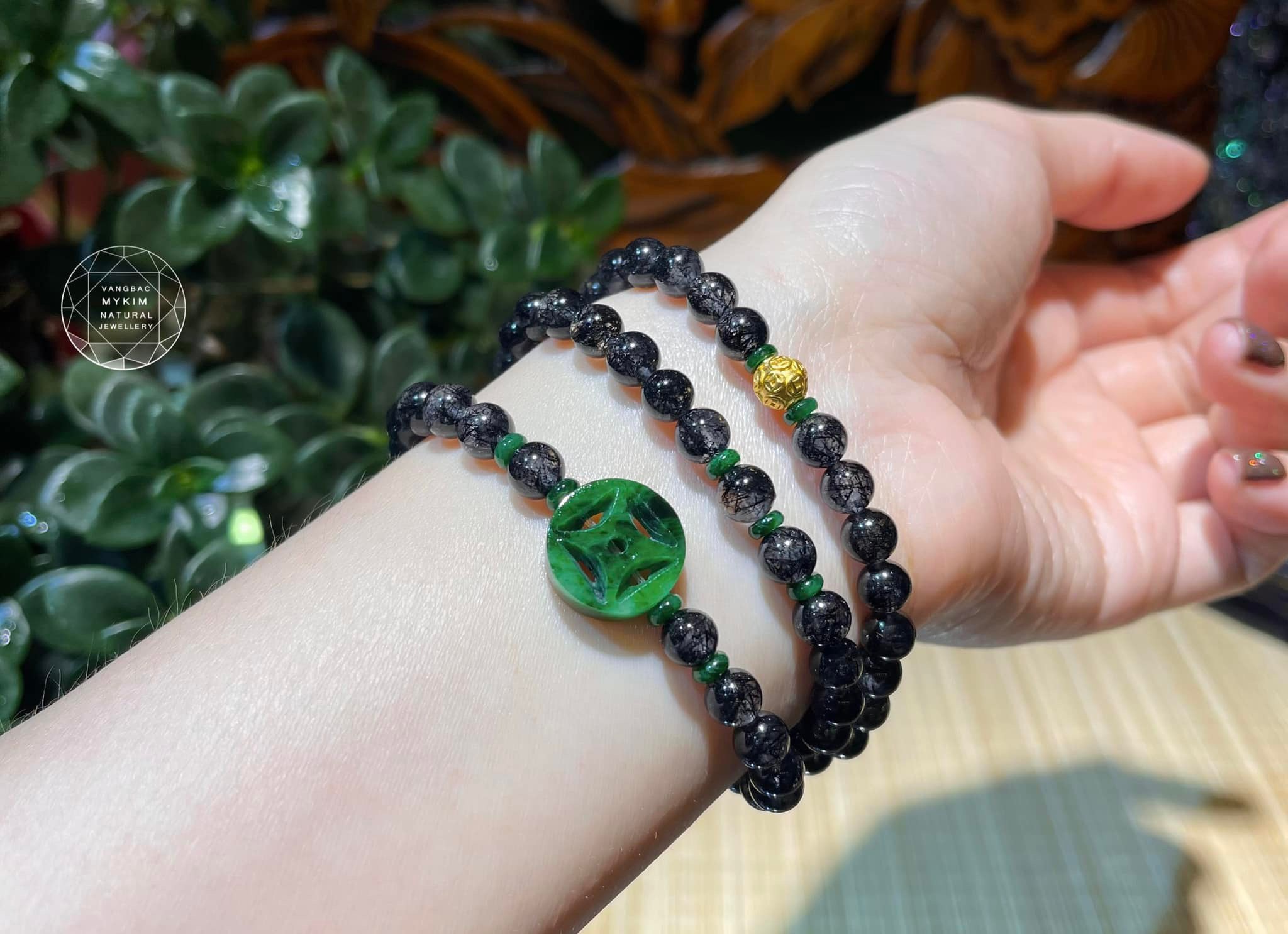 Chuỗi Vòng Thạch Anh Tóc Đen mix Ngọc Phỉ Thúy Jadeite - PK Vàng 24k